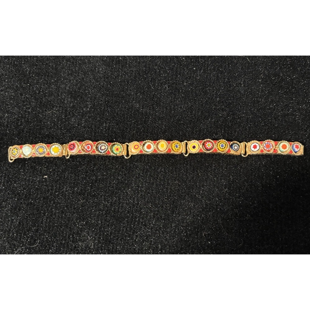 Vintage Italian Milefiori Micro Mosaic Floral Link Hinged Bracelet  Goldtone